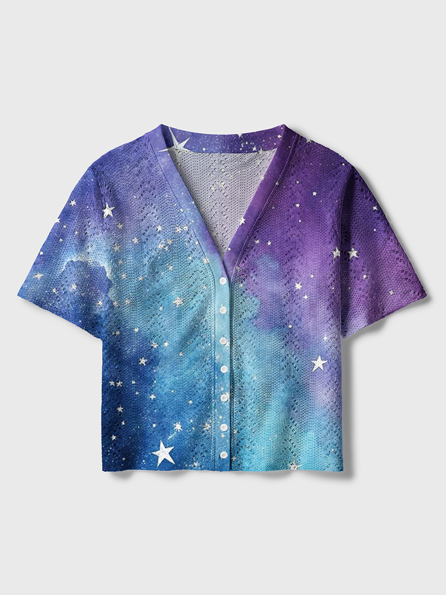 Watercolor Galaxy Crochet Button Down Cardigan