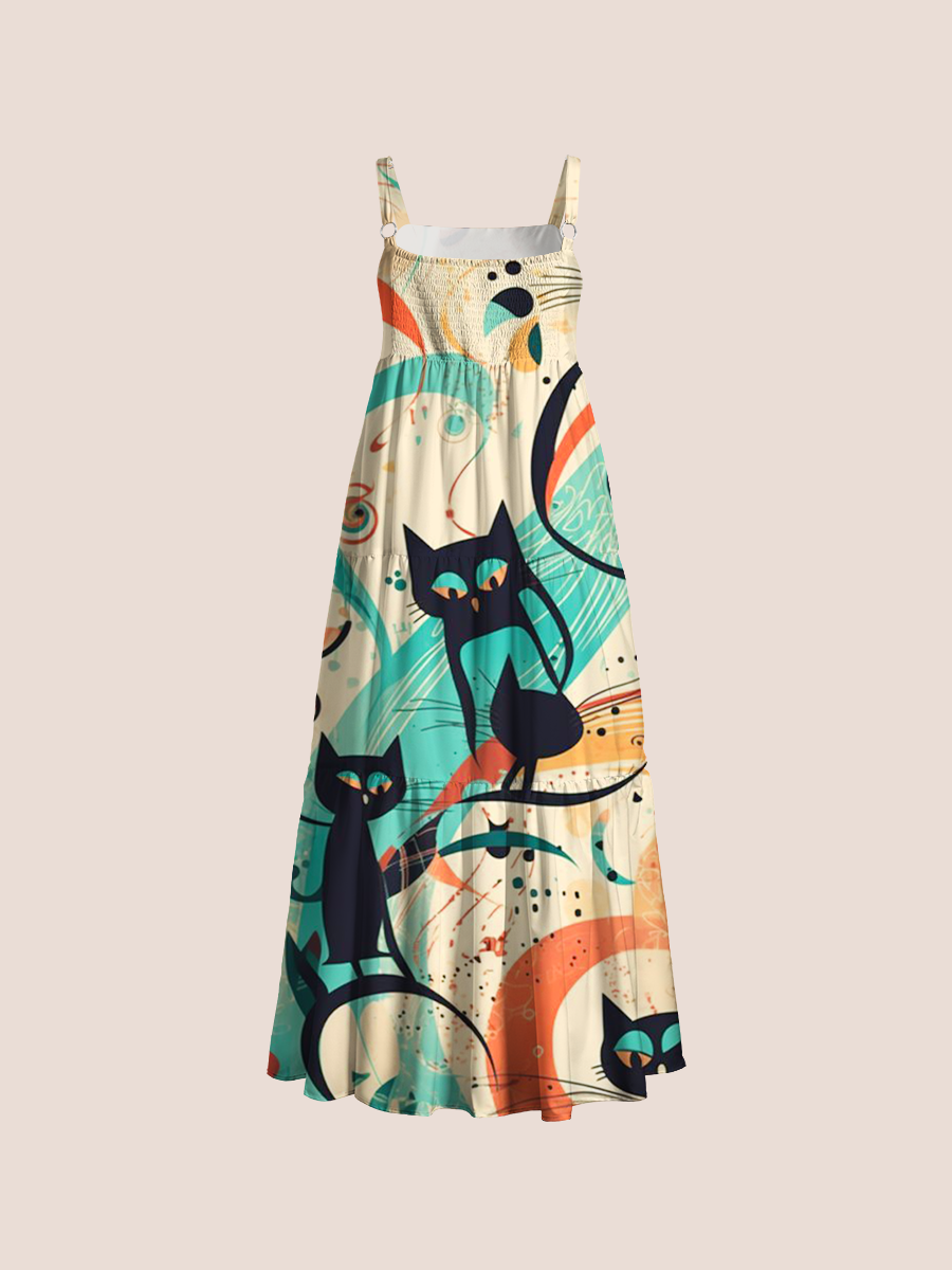Abstract Black Cat Adjustable Wide Straps Maxi Dress