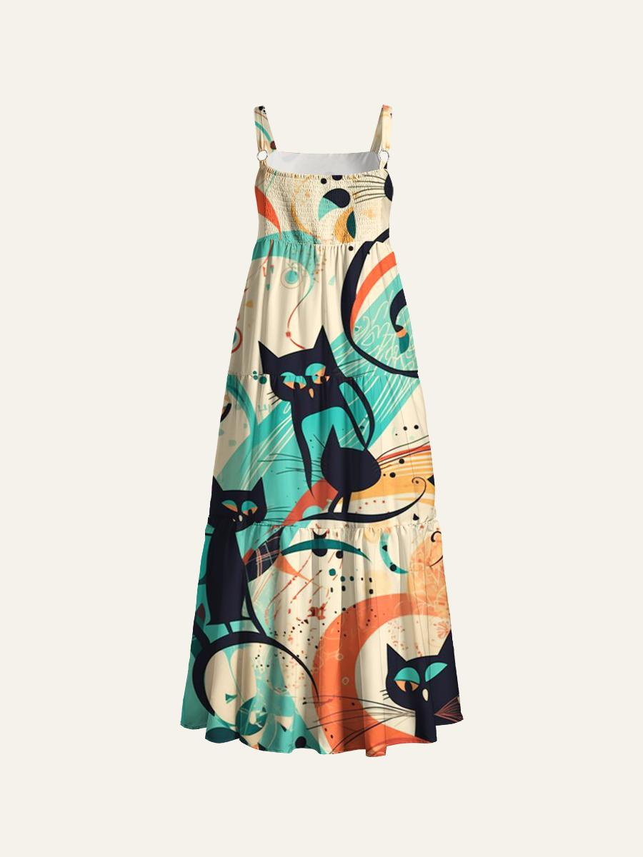 Abstract Black Cat Adjustable Wide Straps Maxi Dress