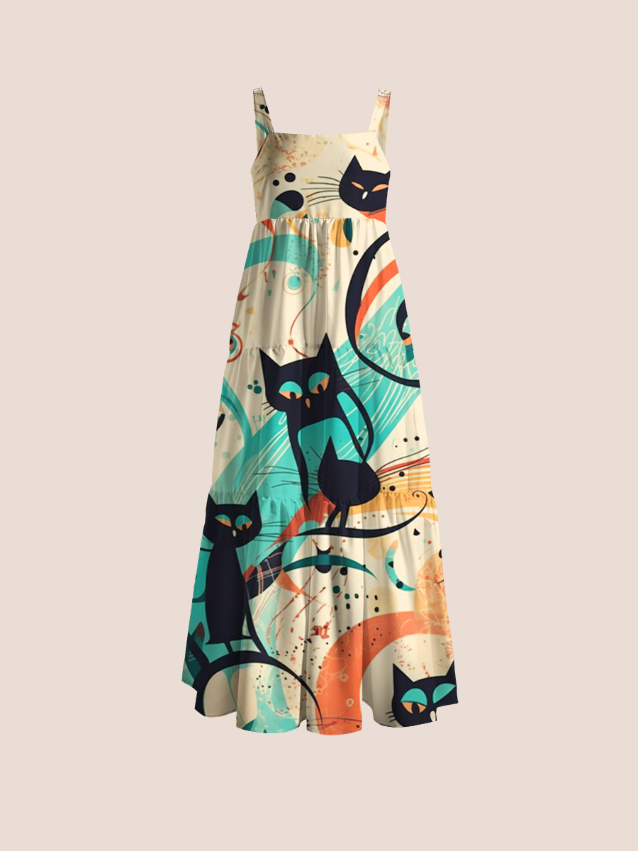 Abstract Black Cat Adjustable Wide Straps Maxi Dress