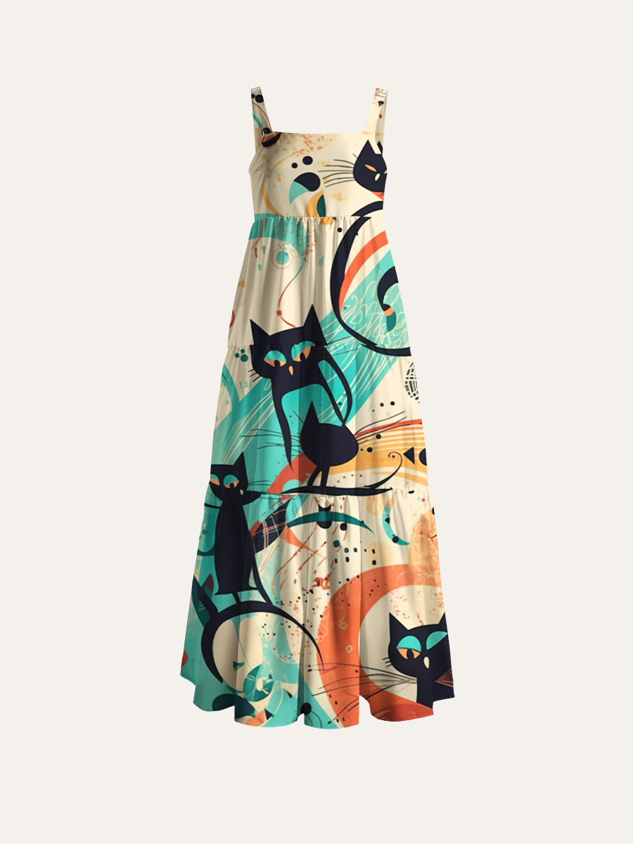 Abstract Black Cat Adjustable Wide Straps Maxi Dress