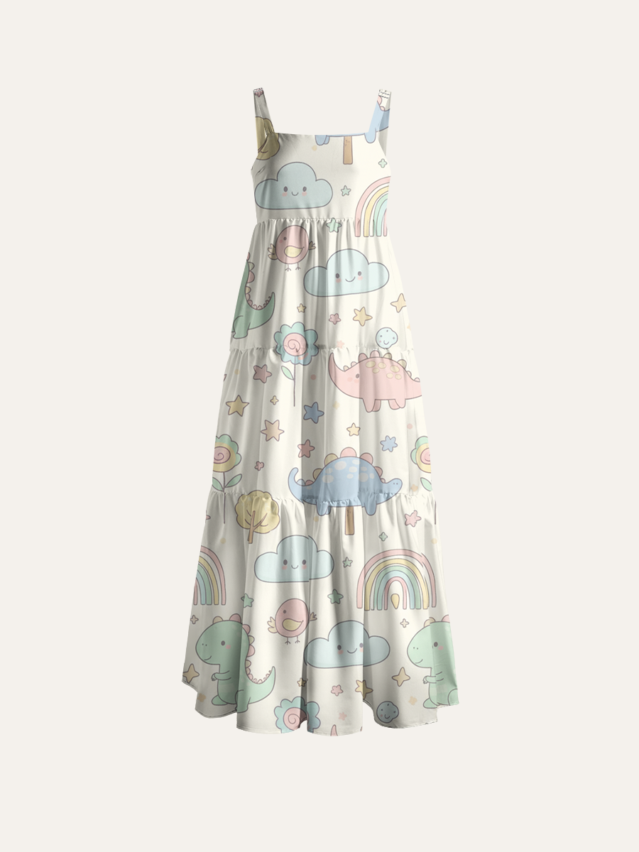 Pastel Dinosaur Nursery Adjustable Wide Straps Maxi Dress