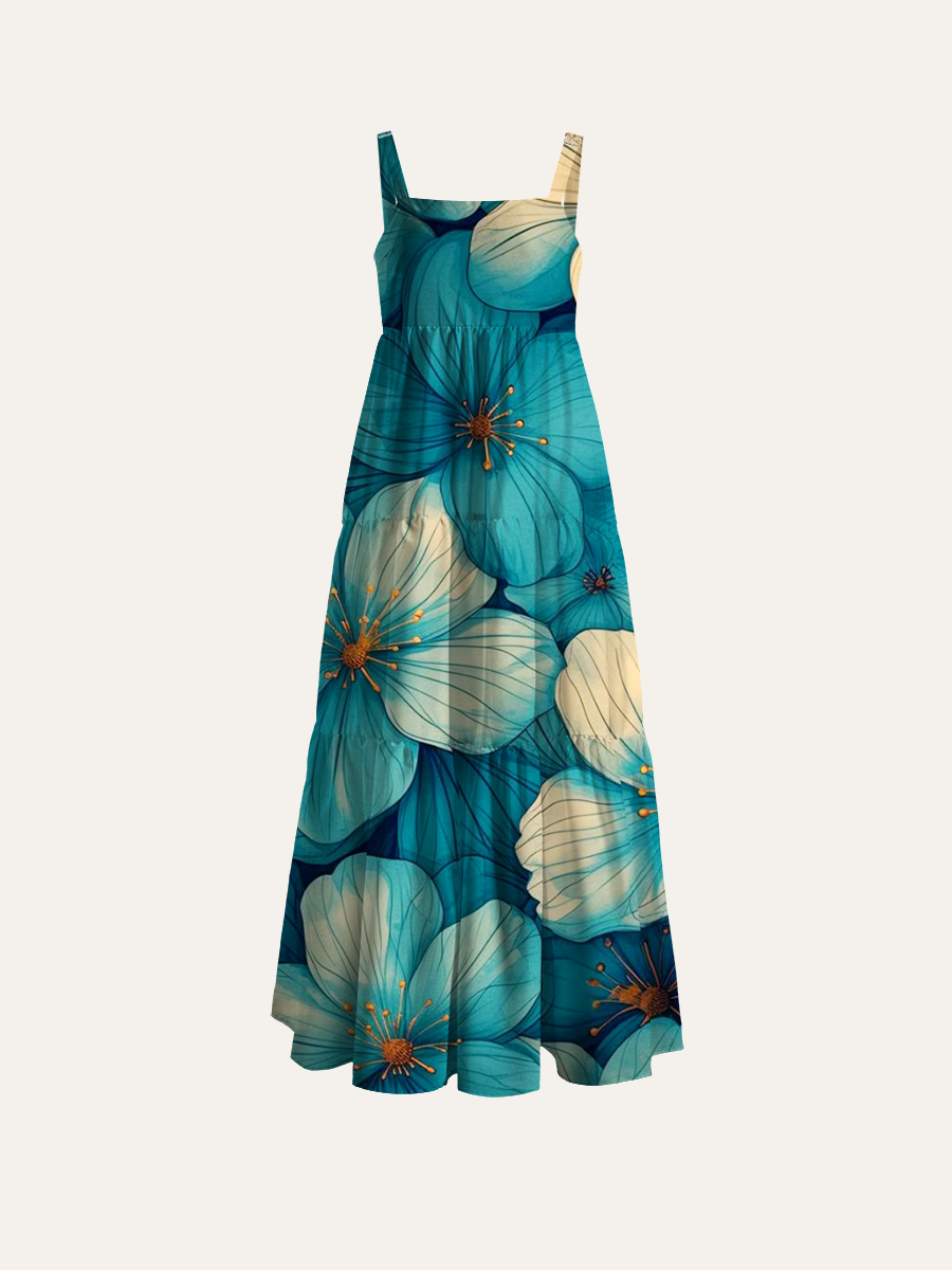 Artistic Watercolor Bloom Adjustable Wide Straps Maxi Dress
