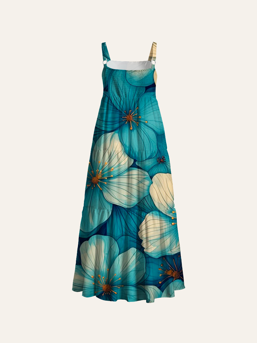 Artistic Watercolor Bloom Adjustable Wide Straps Maxi Dress