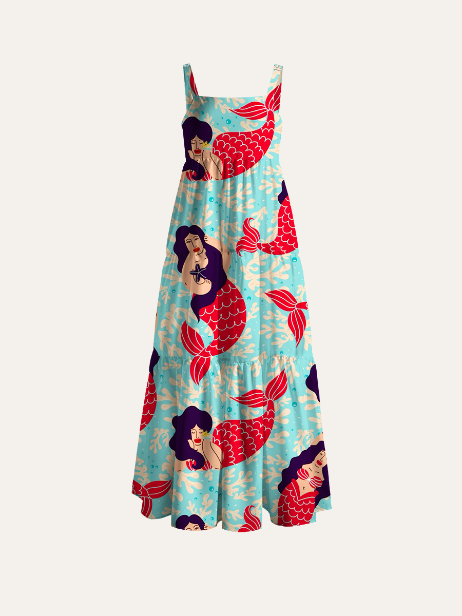 Retro Mermaid Coral Adjustable Wide Straps Maxi Dress