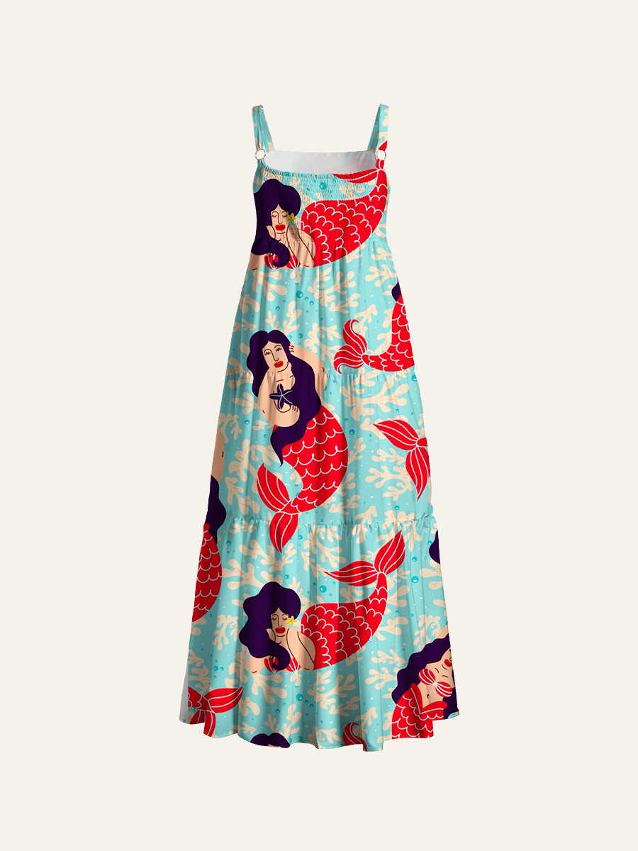 Retro Mermaid Coral Adjustable Wide Straps Maxi Dress