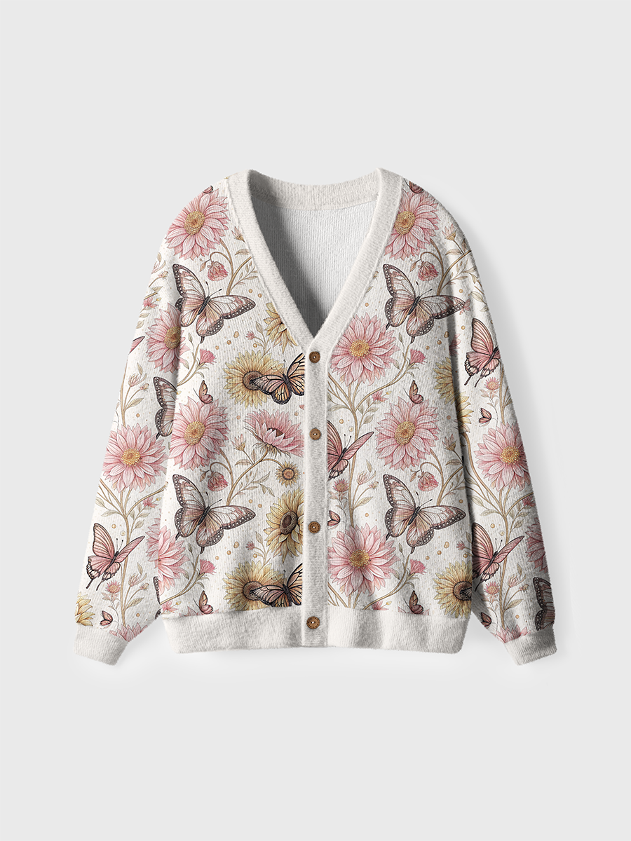 Vintage Pink Sunflower Butterfly Pop Cute Cardigan Sweaters