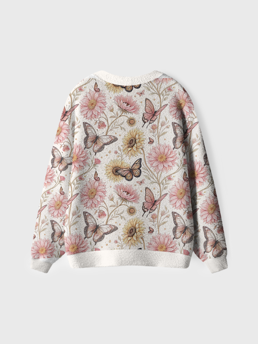 Vintage Pink Sunflower Butterfly Pop Cute Cardigan Sweaters