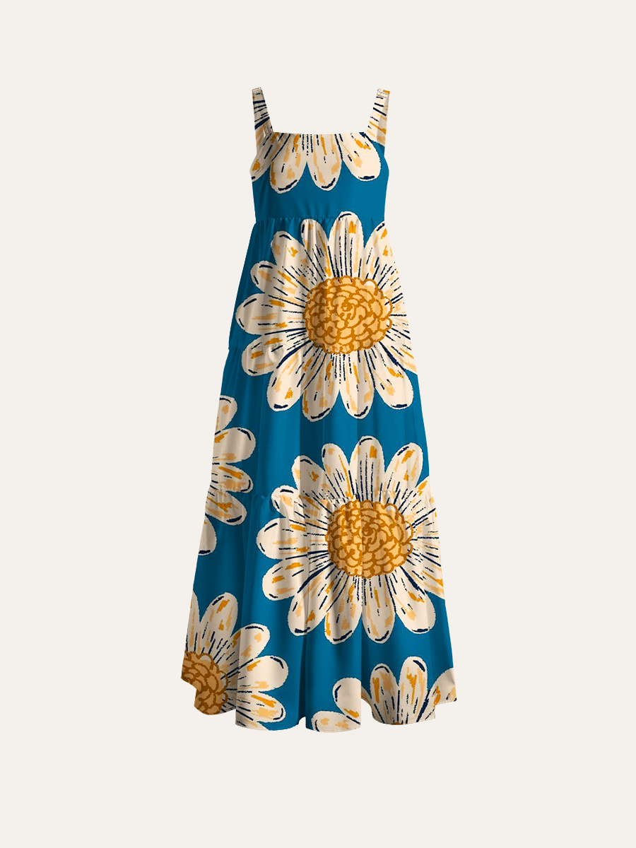 Retro Hand-Drawn Daisy Adjustable Wide Straps Maxi Dress