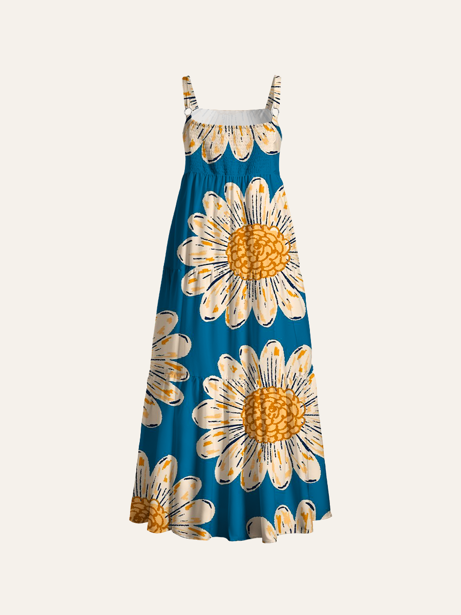 Retro Hand-Drawn Daisy Adjustable Wide Straps Maxi Dress