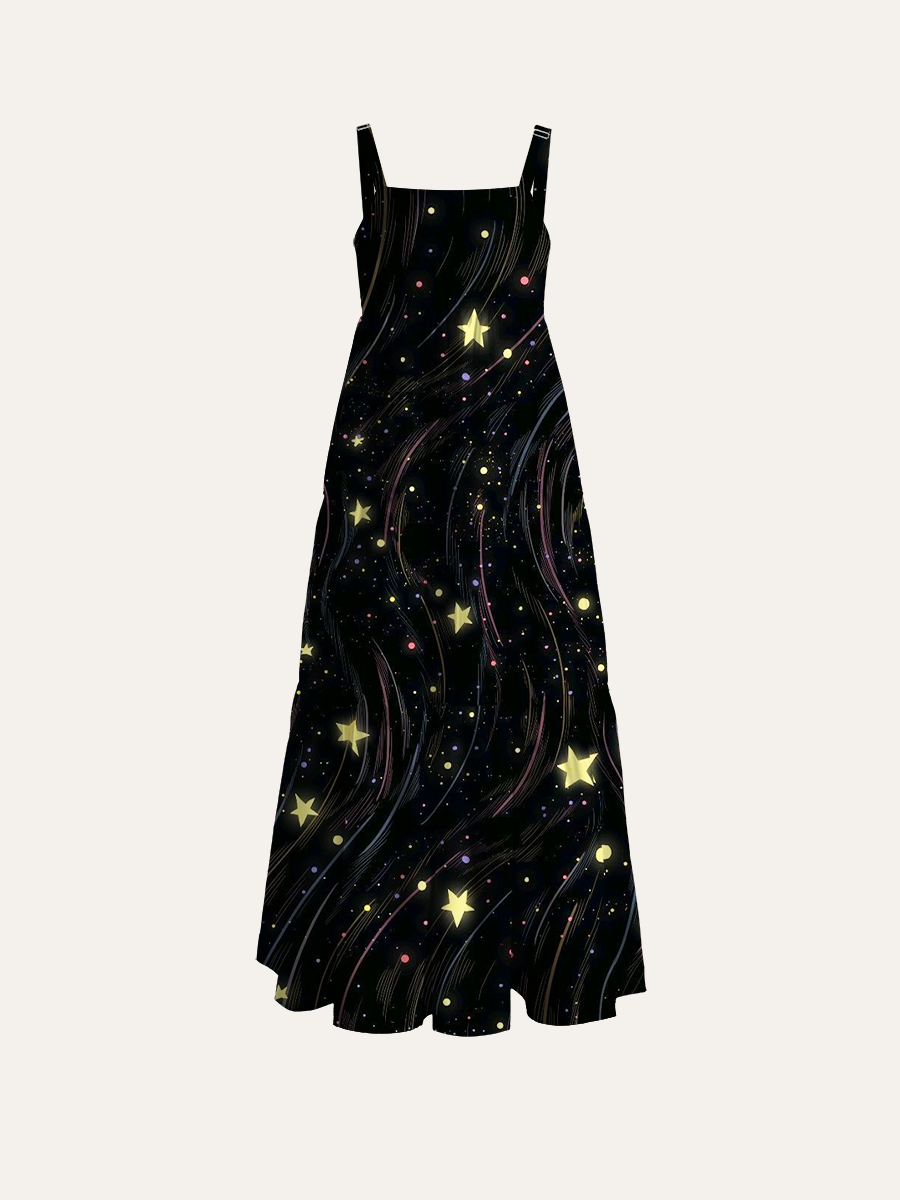 Starry Night Line Art Adjustable Wide Straps Maxi Dress