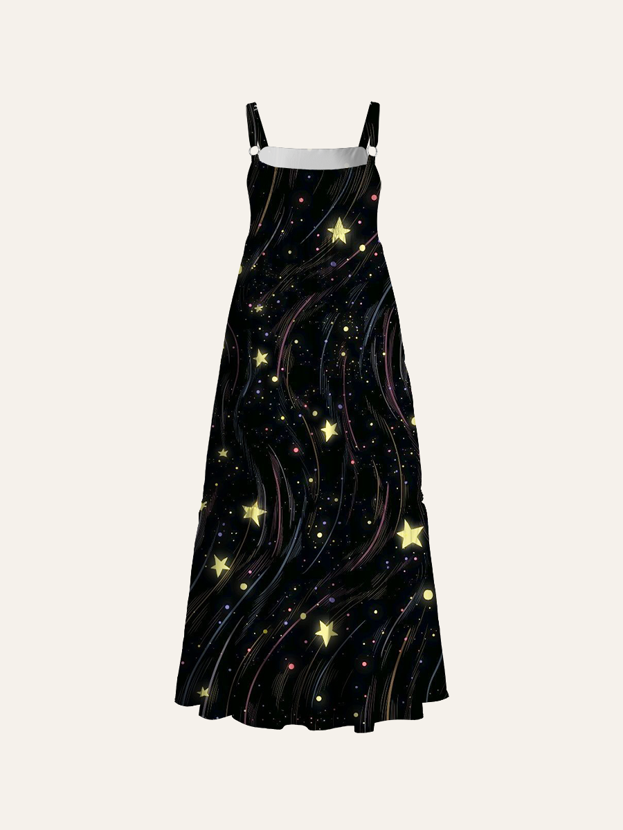 Starry Night Line Art Adjustable Wide Straps Maxi Dress