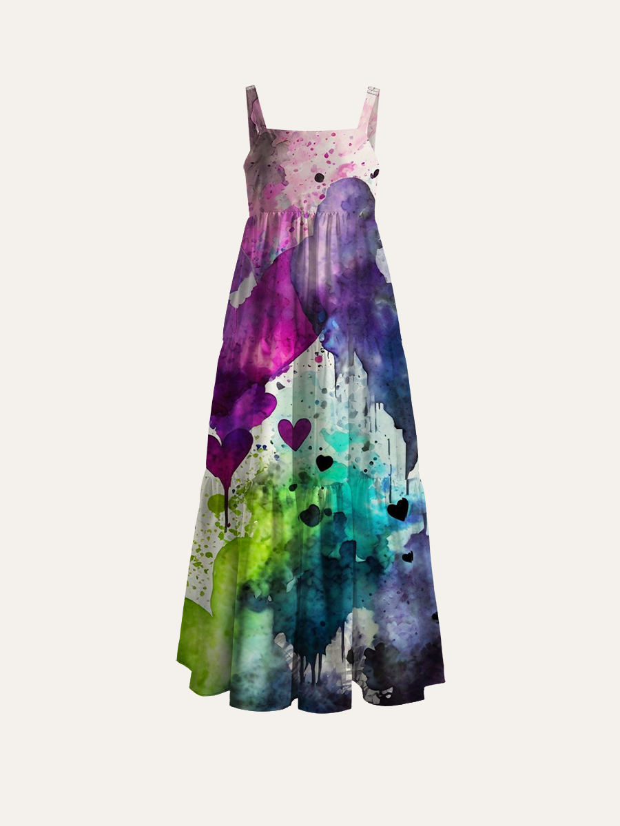 Watercolor Heart Splatter Adjustable Wide Straps Maxi Dress