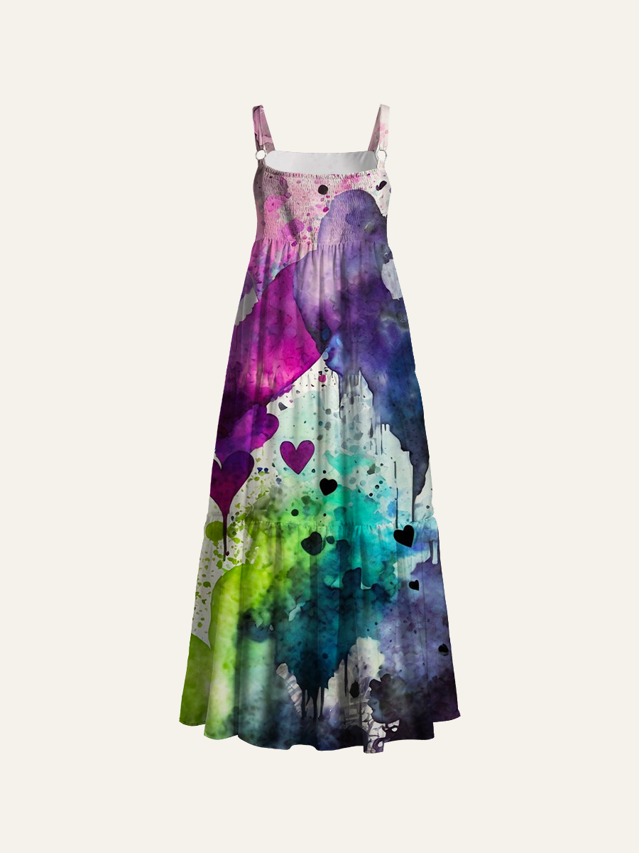 Watercolor Heart Splatter Adjustable Wide Straps Maxi Dress