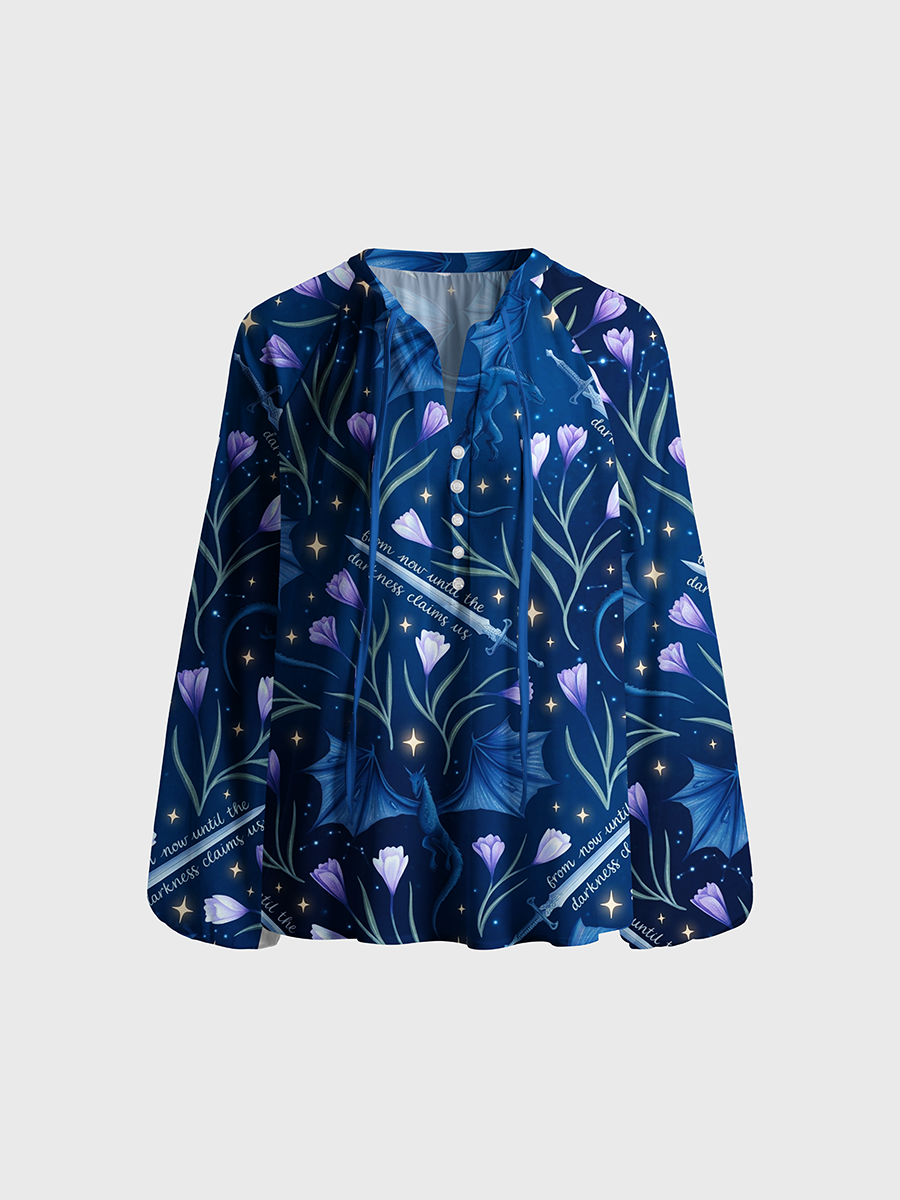 Fantasy Dragon & Sword Floral Neck Tie Blouse