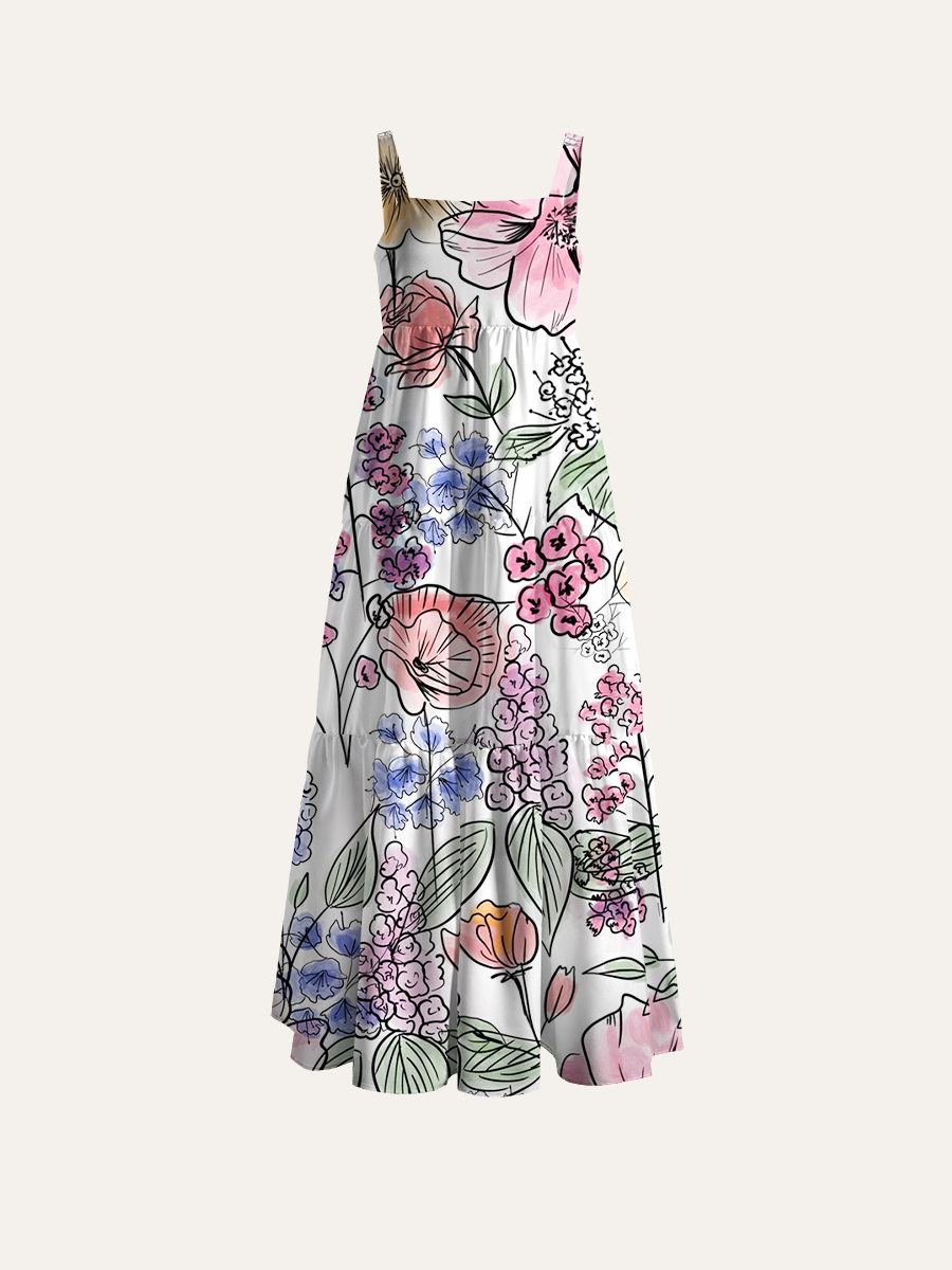 Watercolor And Ink Sketch Floral Adjustable Wide Straps Maxi Dress