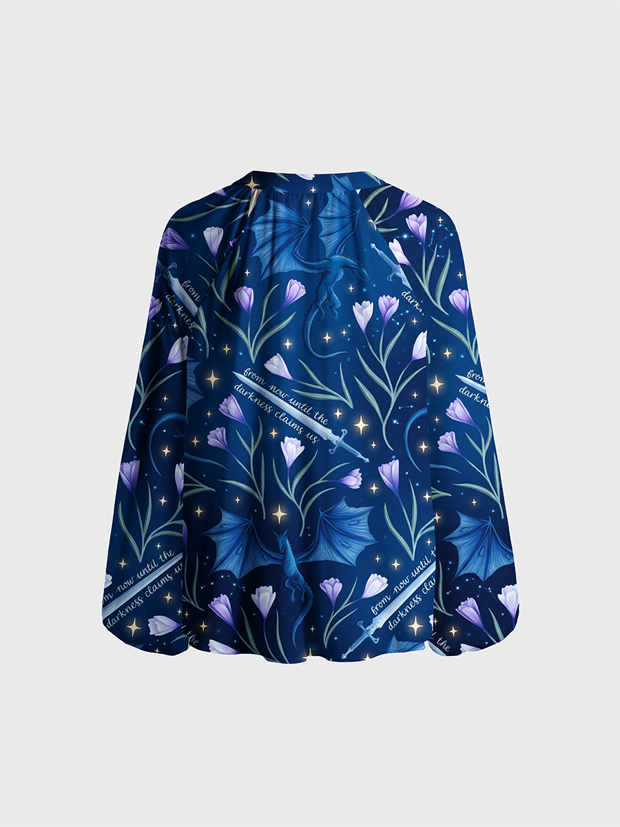 Fantasy Dragon & Sword Floral Neck Tie Blouse