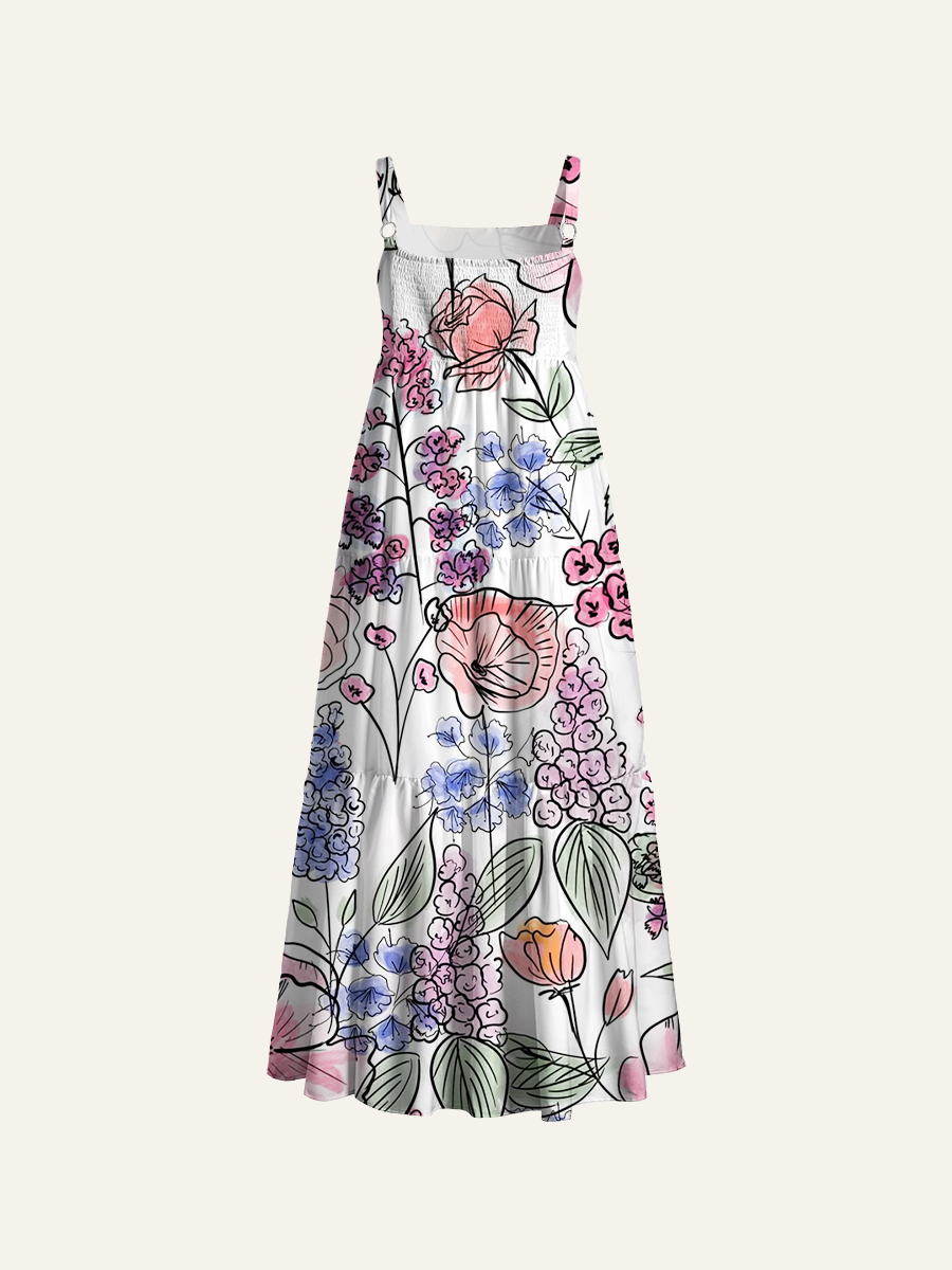 Watercolor And Ink Sketch Floral Adjustable Wide Straps Maxi Dress