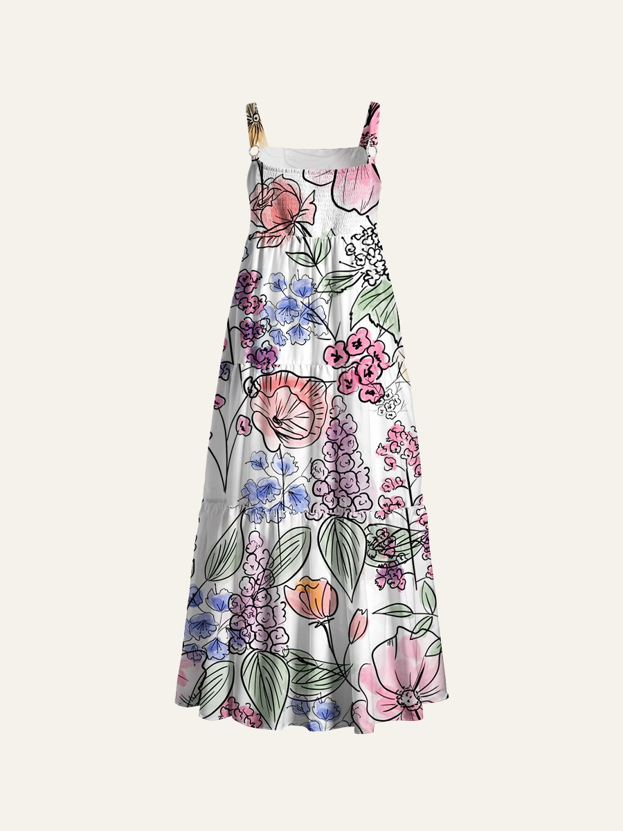 Watercolor And Ink Sketch Floral Adjustable Wide Straps Maxi Dress