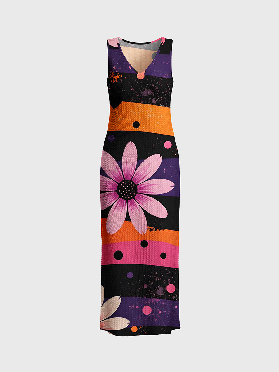 Wavy Stripe Pink Daisy Goth Open Stitch Midi Dress