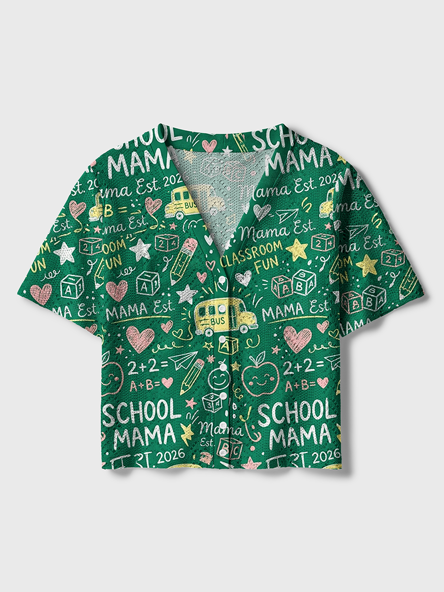 Green Chalkboard School Mama Hand Drawn Crochet Button Down Cardigan