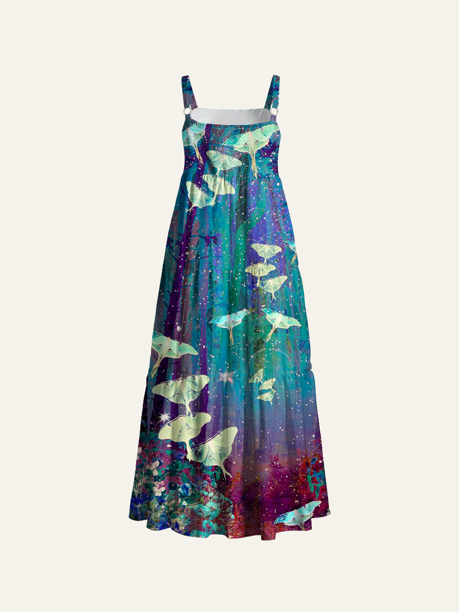 Watercolor And Ink Sketch Floral Adjustable Wide Straps Maxi Dress