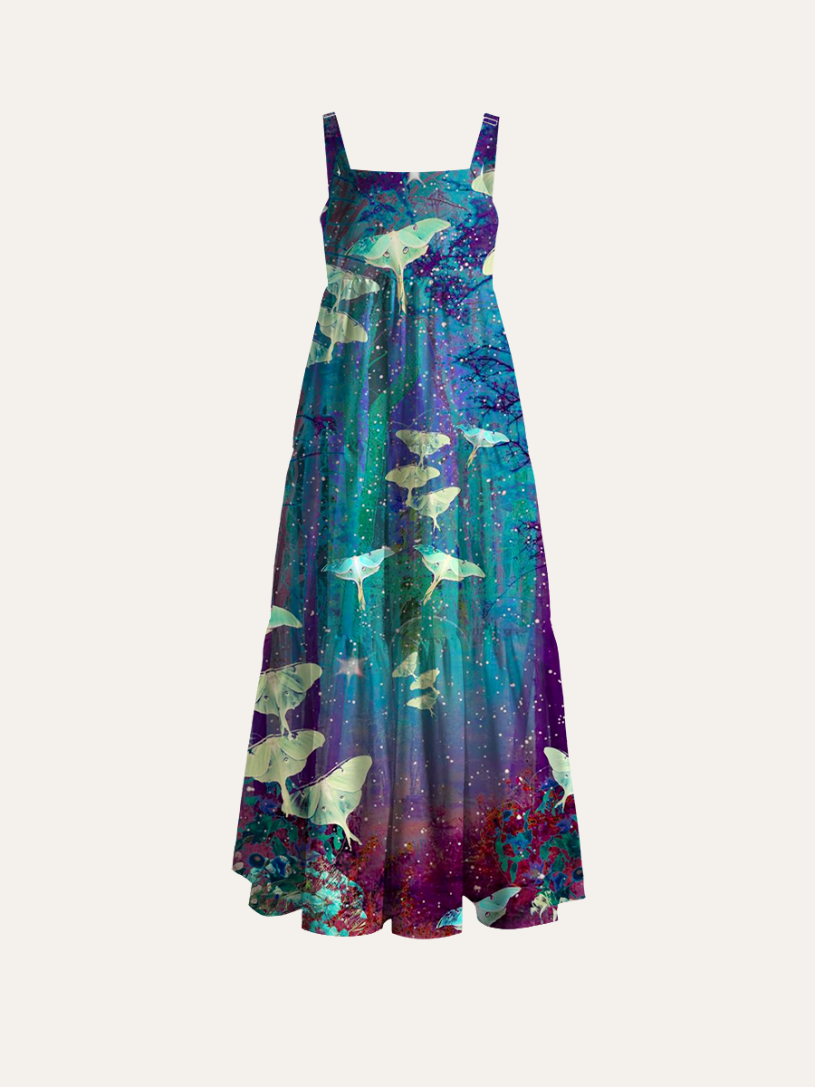 Watercolor And Ink Sketch Floral Adjustable Wide Straps Maxi Dress