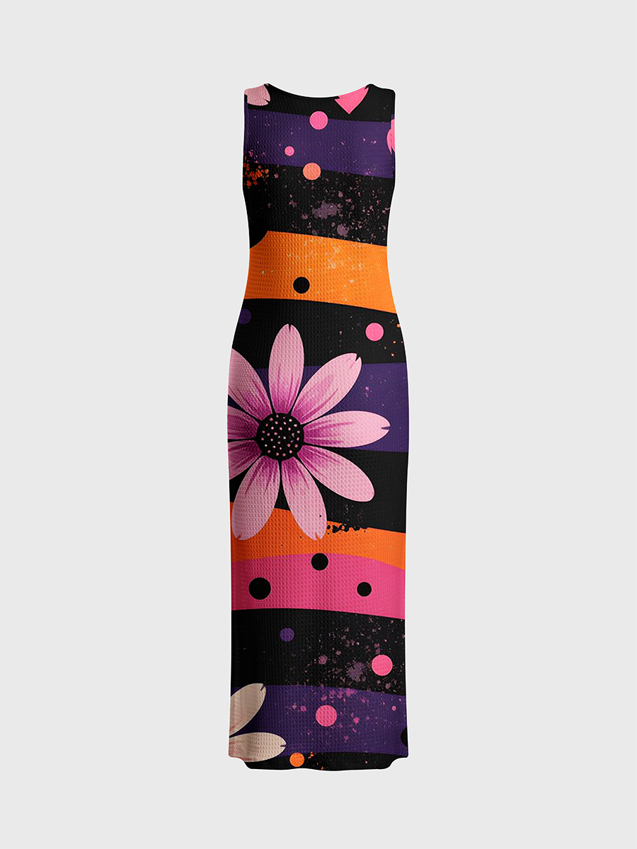 Wavy Stripe Pink Daisy Goth Open Stitch Midi Dress