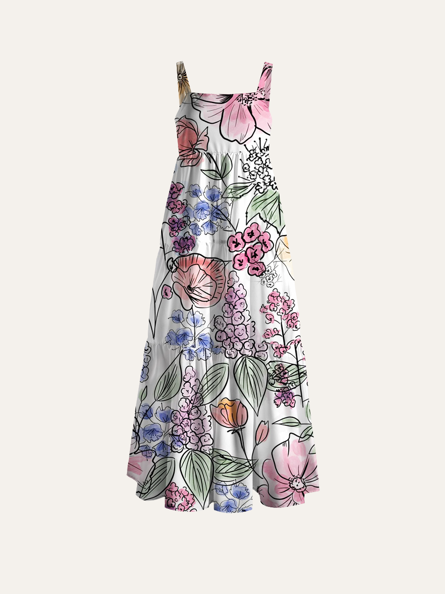 Watercolor And Ink Sketch Floral Adjustable Wide Straps Maxi Dress