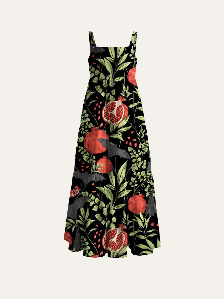 Pomegranate And Bat Adjustable Wide Straps Maxi Dress