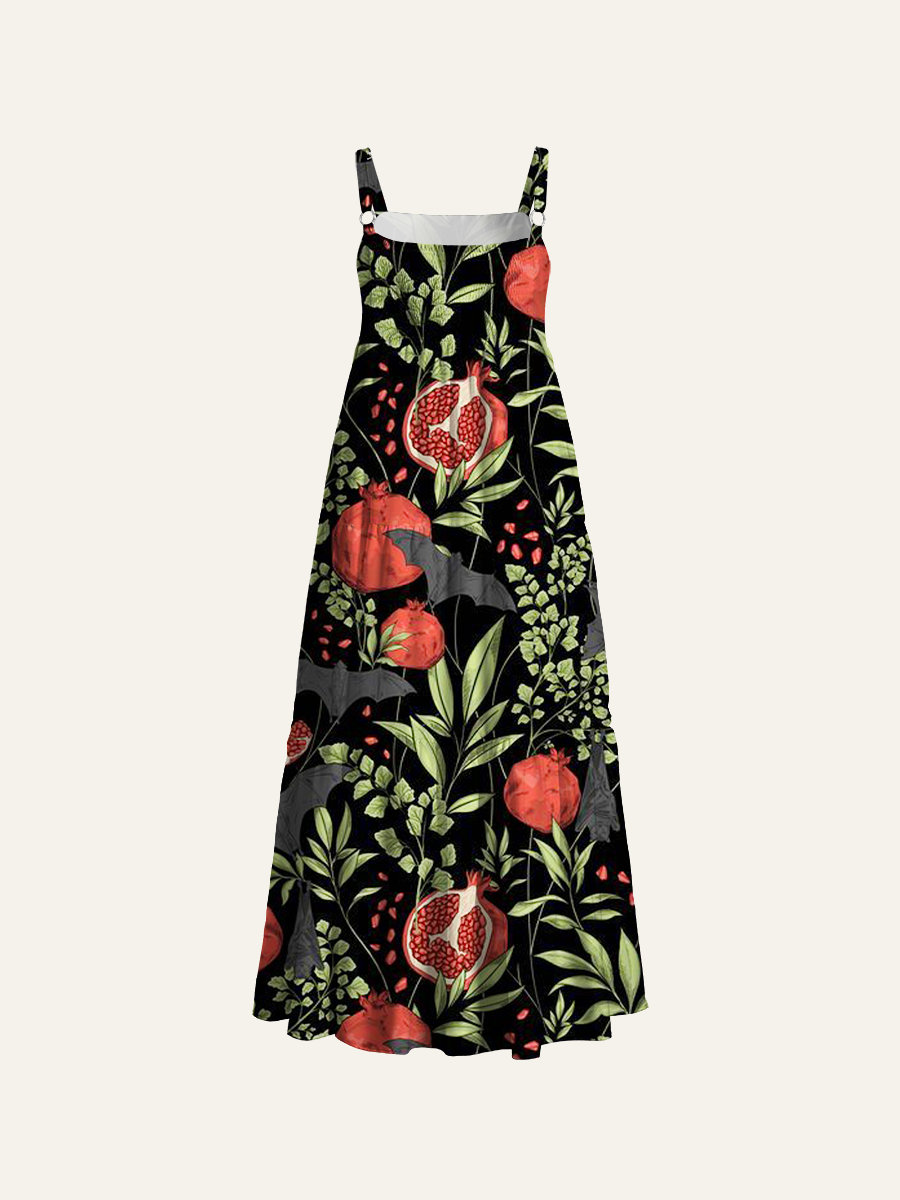 Pomegranate And Bat Adjustable Wide Straps Maxi Dress
