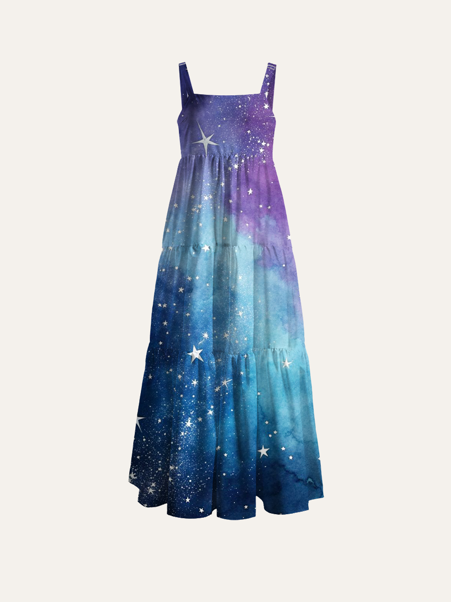 Watercolor Galaxy Adjustable Wide Straps Maxi Dress