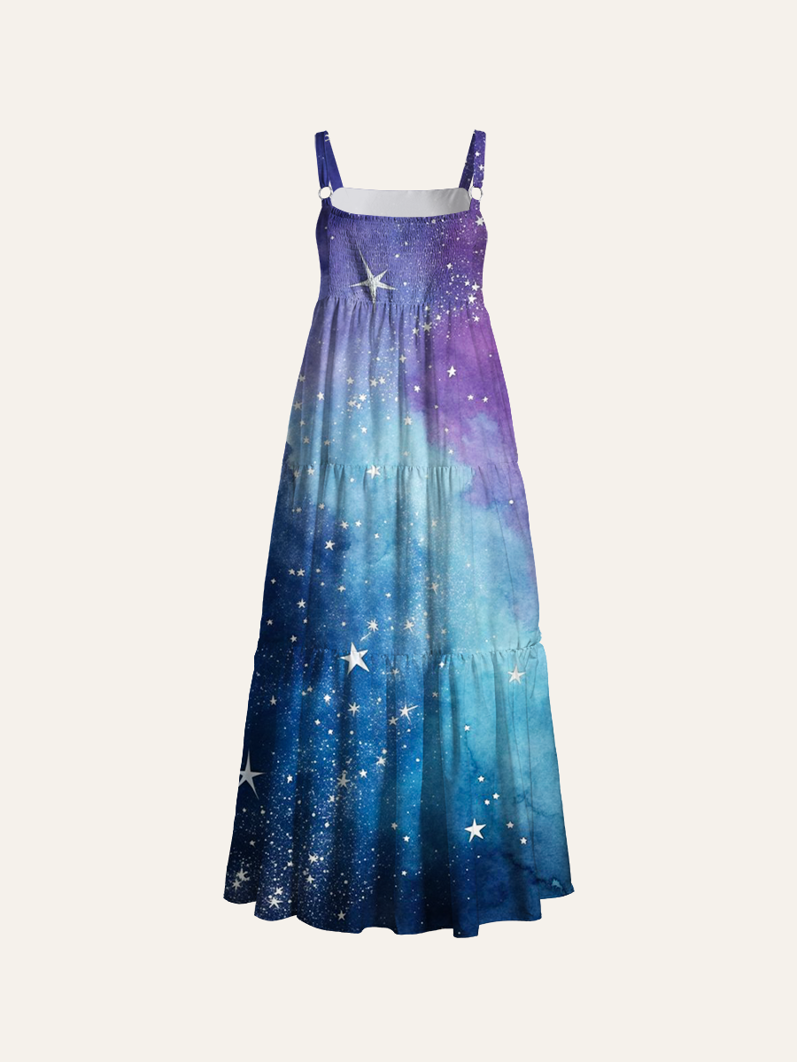 Watercolor Galaxy Adjustable Wide Straps Maxi Dress