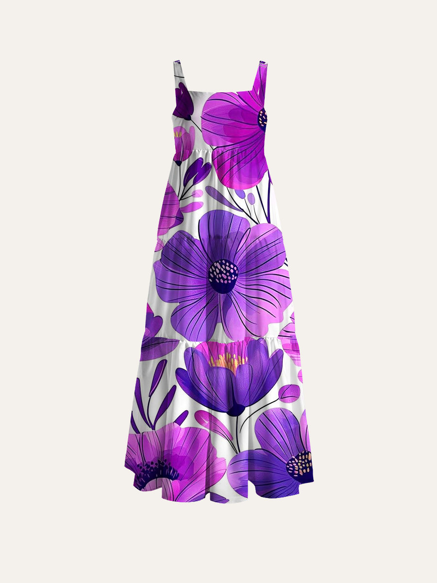 Purple Pink Watercolor Flowers Adjustable Wide Straps Maxi Dress