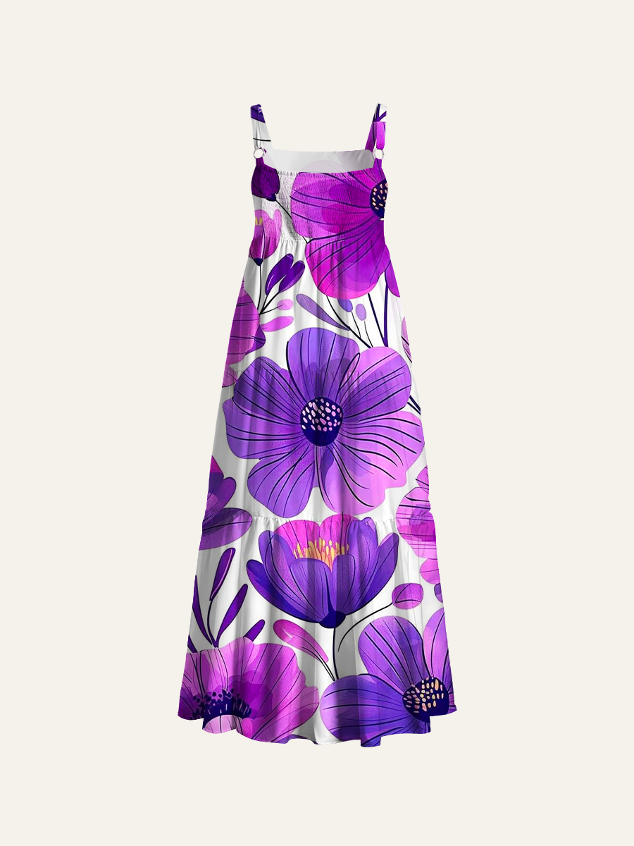 Purple Pink Watercolor Flowers Adjustable Wide Straps Maxi Dress