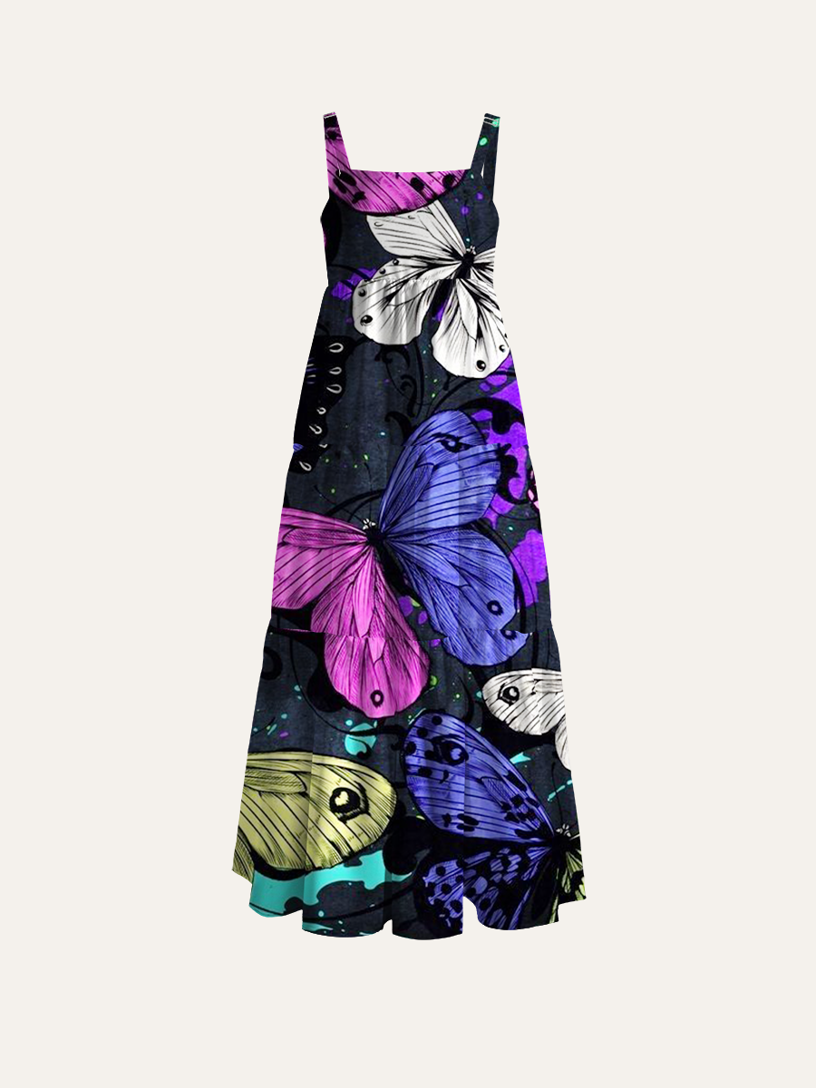 Graffiti-Style Butterfly Adjustable Wide Straps Maxi Dress