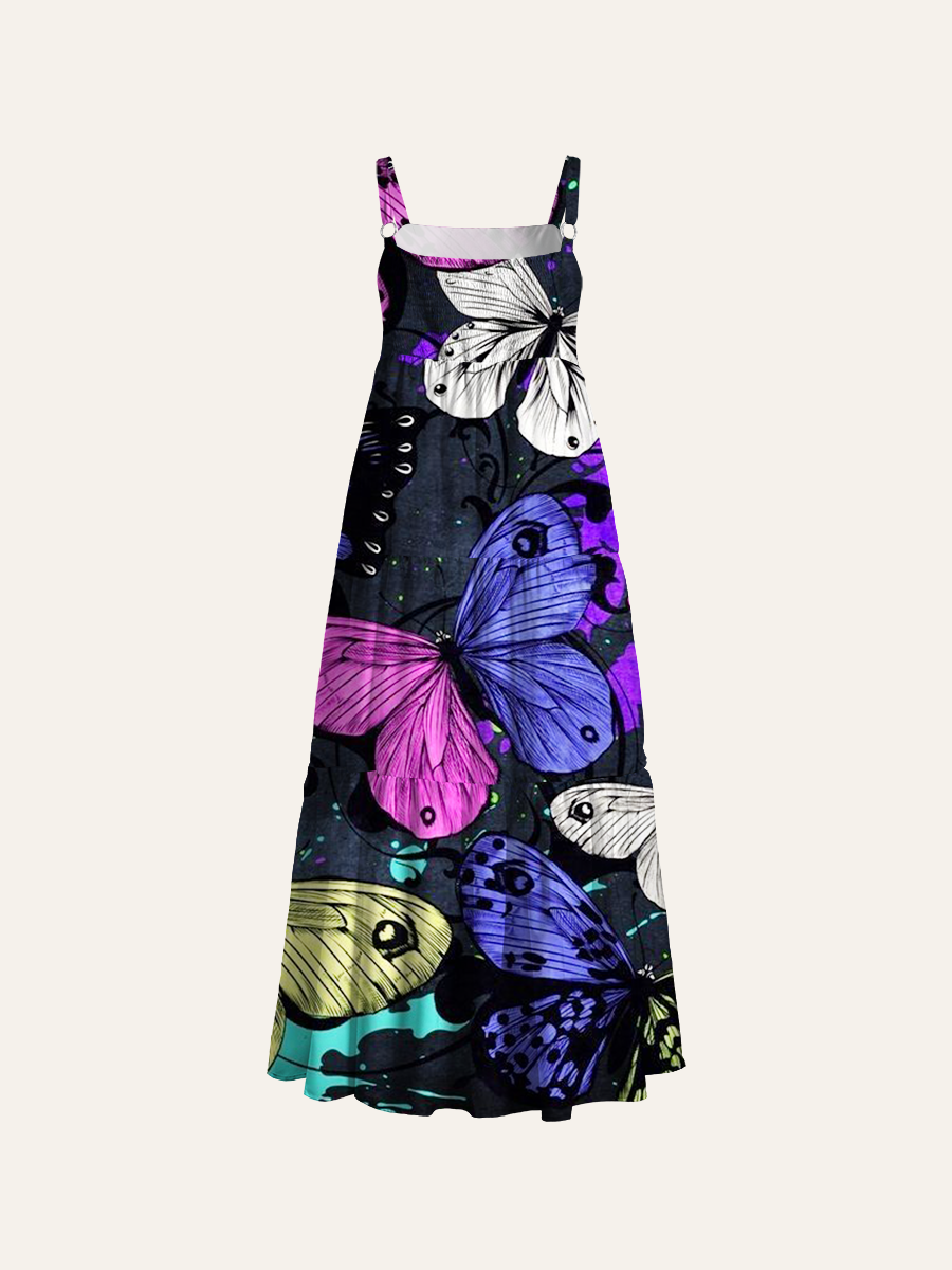 Graffiti-Style Butterfly Adjustable Wide Straps Maxi Dress
