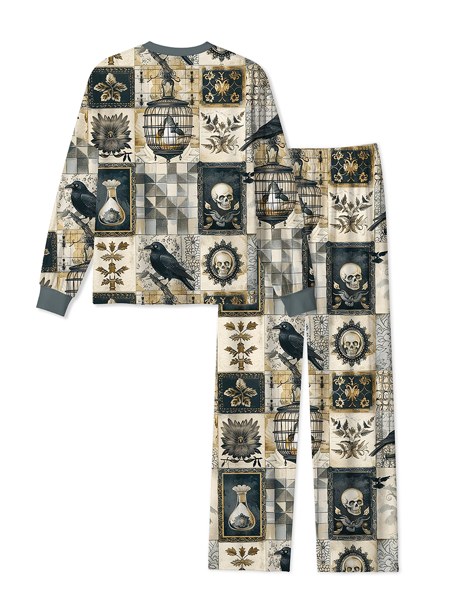 Vintage Dark Academia Raven Skull Vintage Tile Mixed Pajamas
