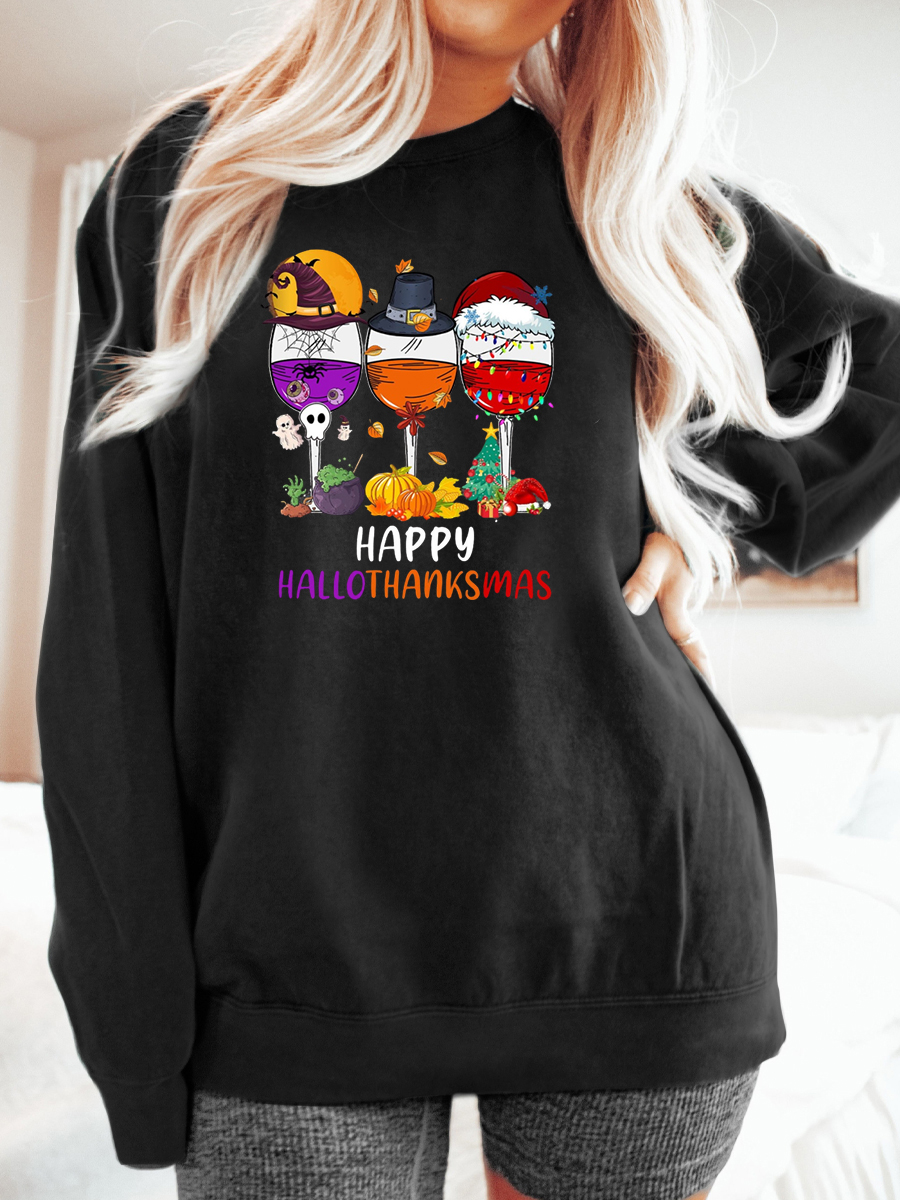 Oversized Happy Hallothanksmas Wine Sweatshirt 