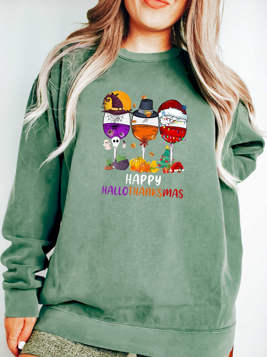 Oversized Happy Hallothanksmas Wine Sweatshirt 