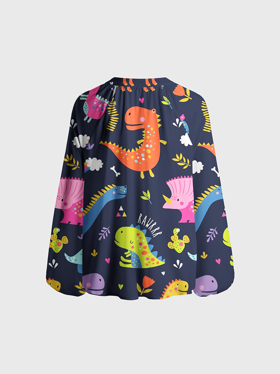 Playful Multicolor Dinosaur Neck Tie Blouse