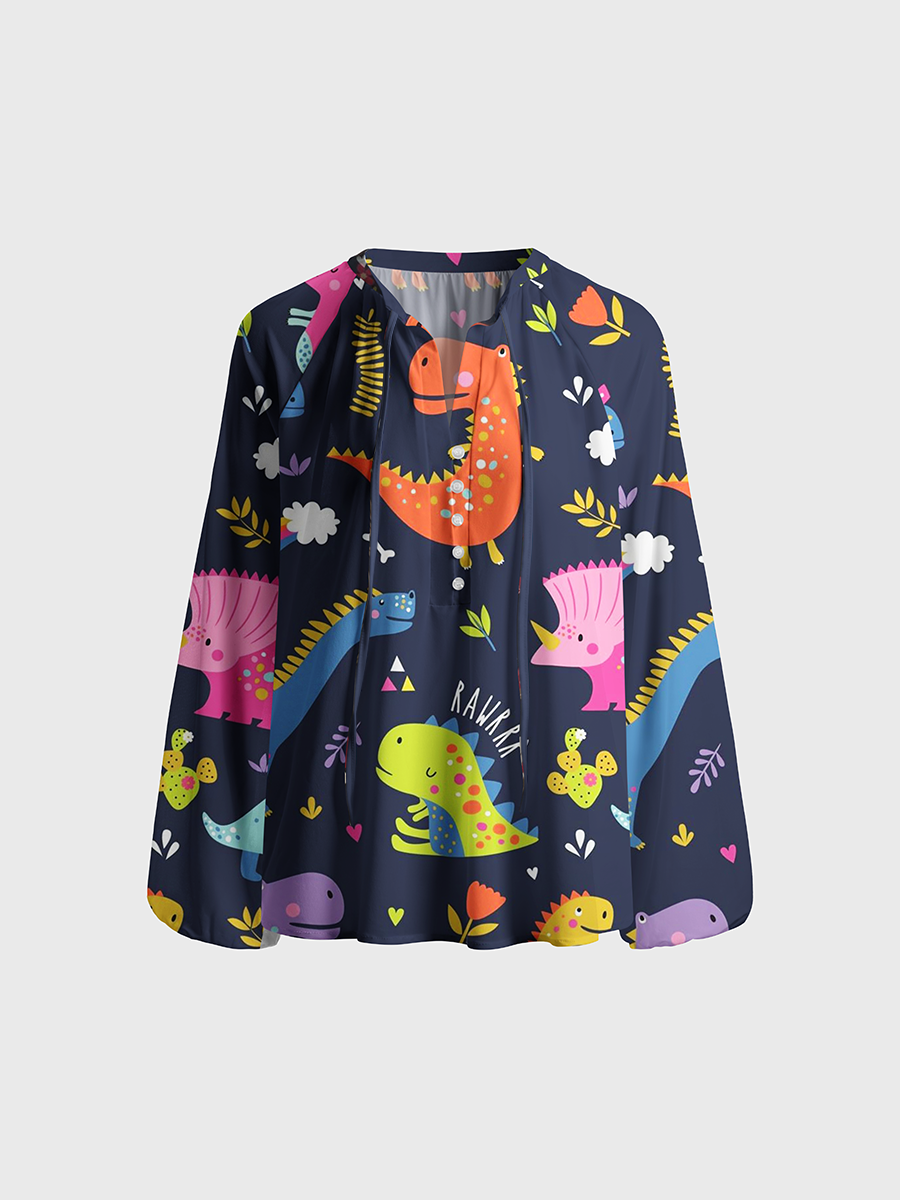 Playful Multicolor Dinosaur Neck Tie Blouse