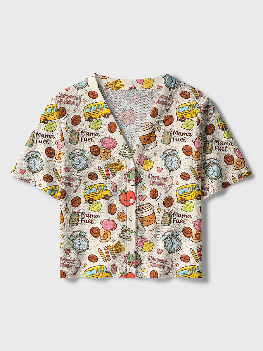 Cream Carpool Mama Coffee Crochet Button Down Cardigan