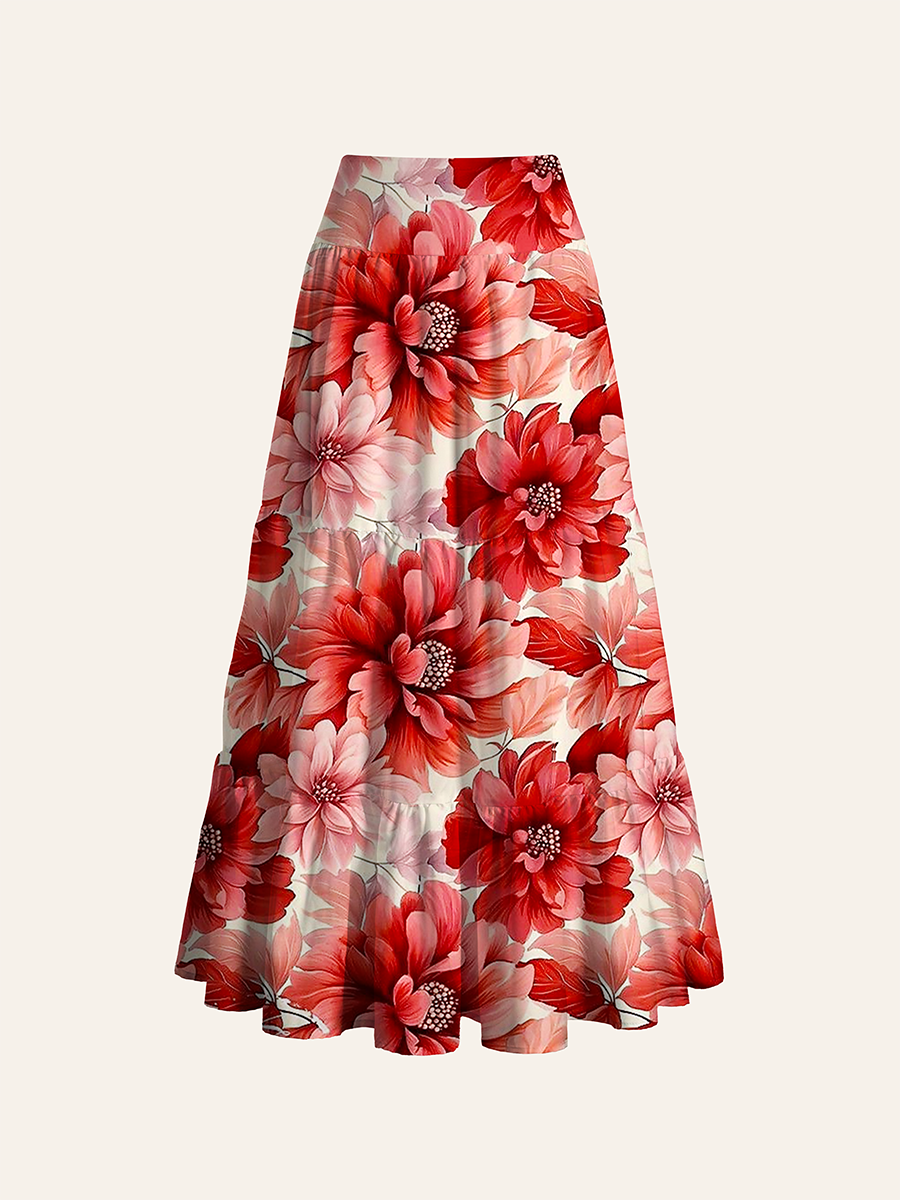 Red Floral Convertible Maxi Skirts