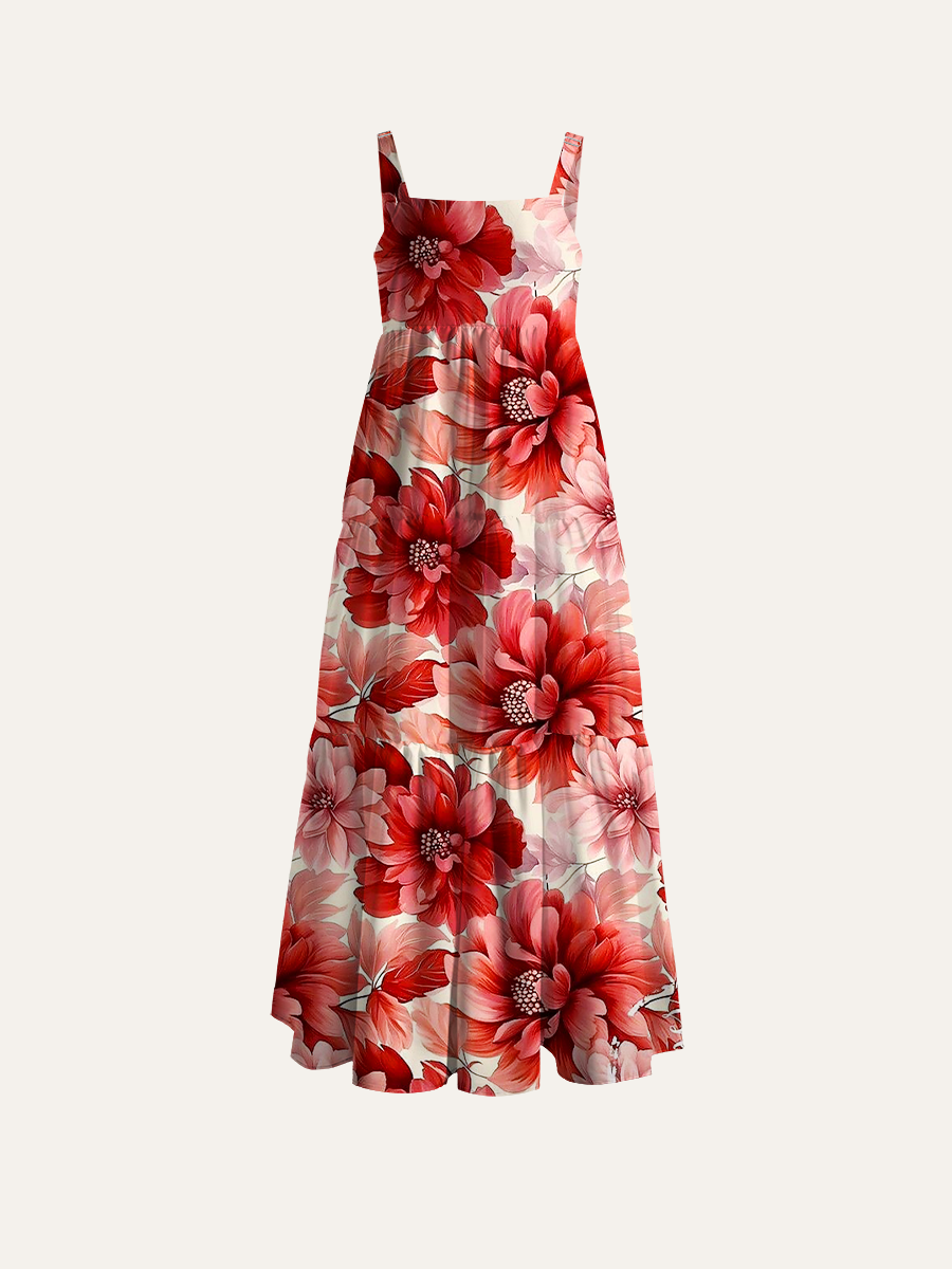Red Floral Adjustable Wide Straps Maxi Dress