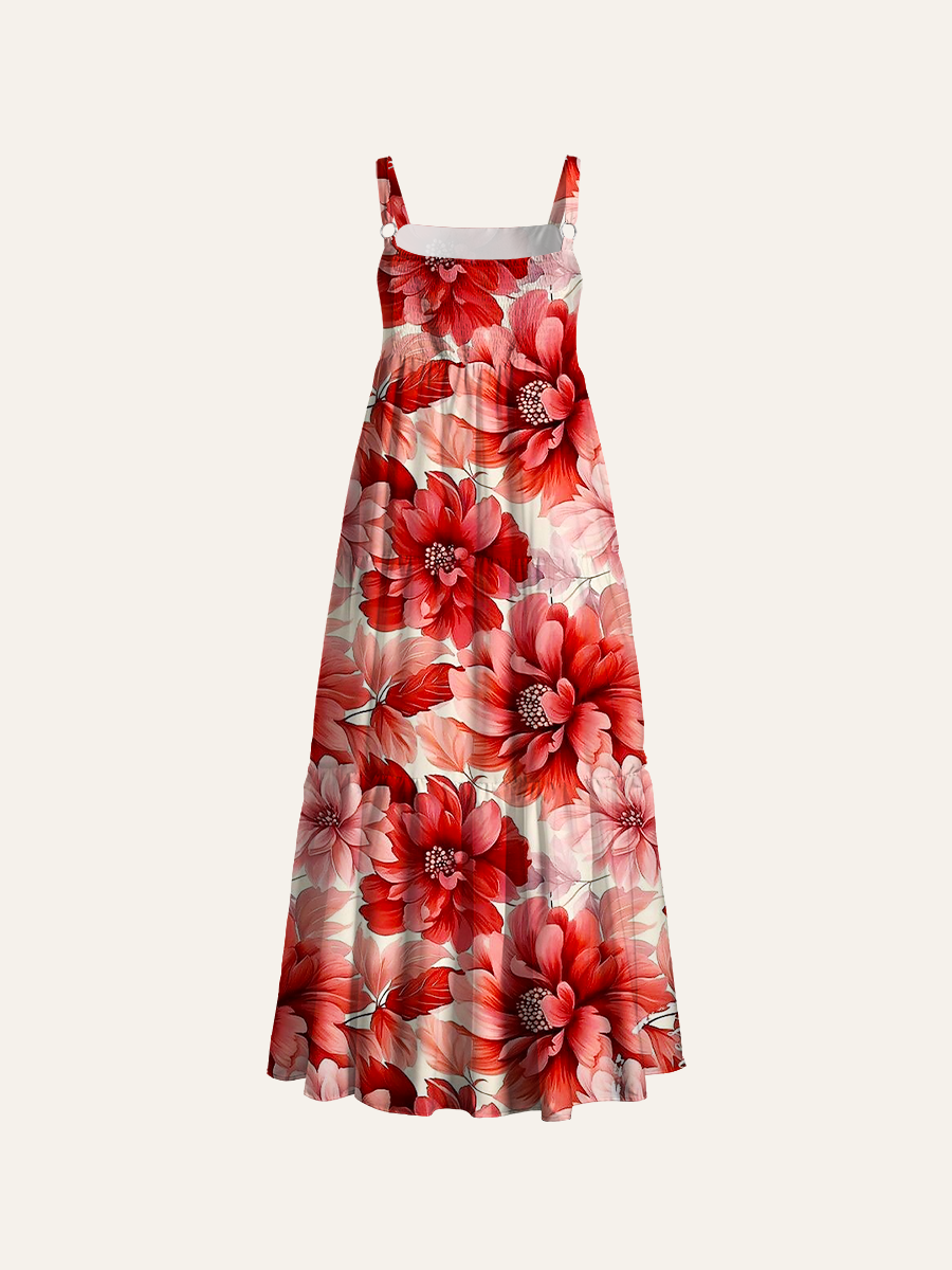 Red Floral Adjustable Wide Straps Maxi Dress