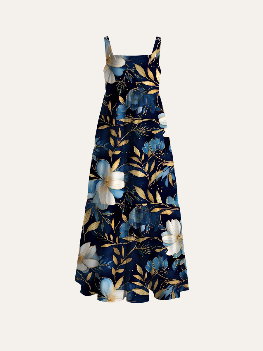 Botanical Floral Adjustable Wide Straps Maxi Dress