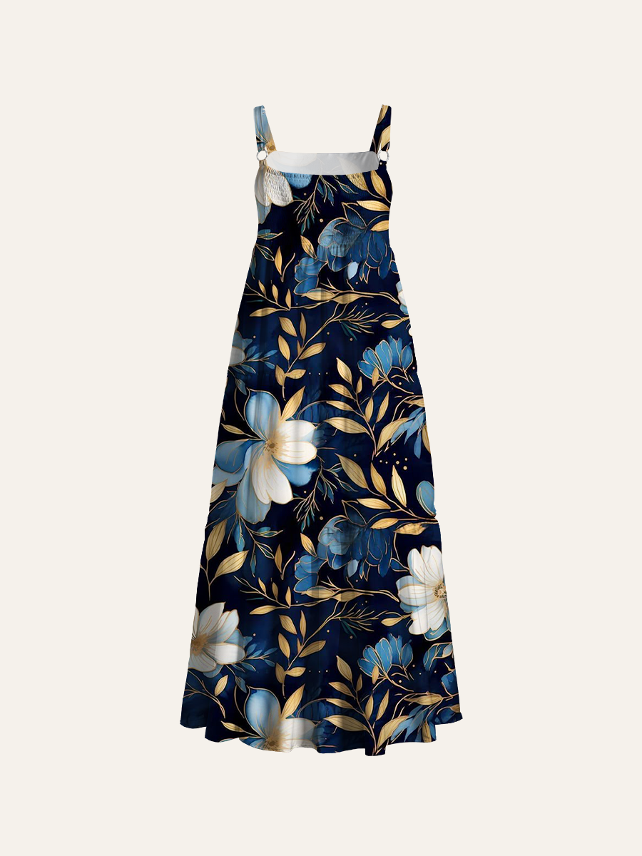 Botanical Floral Adjustable Wide Straps Maxi Dress