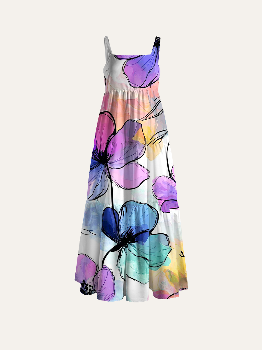 Pastel Watercolor Floral Heart Adjustable Wide Straps Maxi Dress