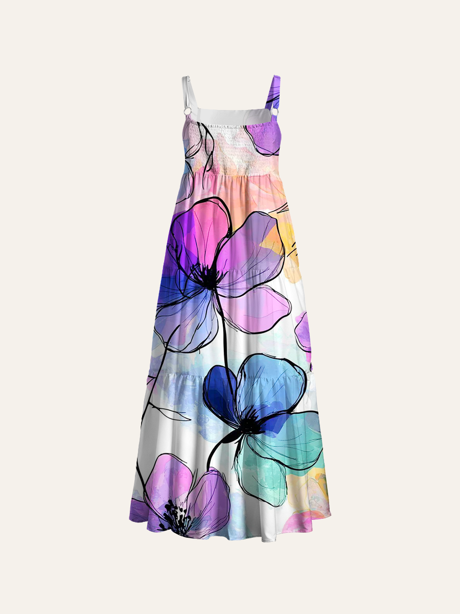 Pastel Watercolor Floral Heart Adjustable Wide Straps Maxi Dress